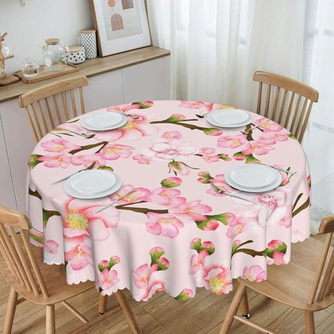 Japanese Tablecloth, Navy Blue Koi Traditional Cherry Blossom Vintage Floral Oriental Water Resisitant Wipeable Table Cover for Dining Kitchen Living Room Home Party Holiday Decor 36 inch Round