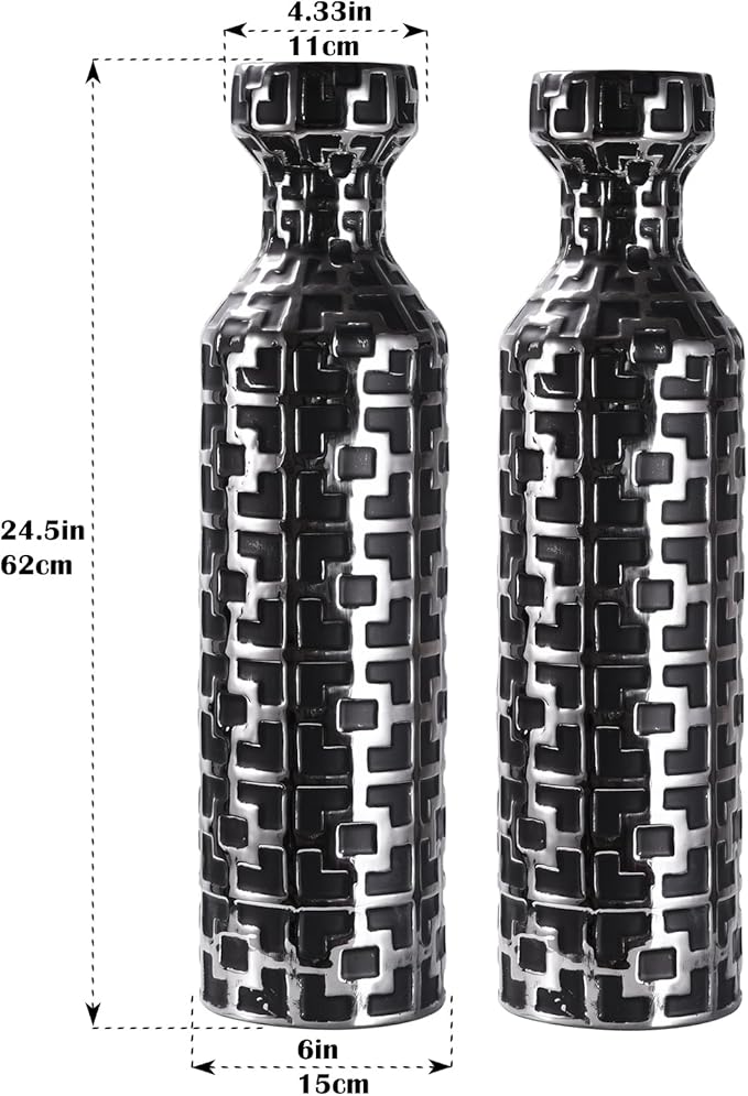 24.4 inch Tall Floor Vases Set of 2. Black Vase with Silver Geometric Patterns, Ceramics Modern Flower Vases for Living Room, Entryway, Indoor/Outdoor Decor, Large Vase for Home Decor