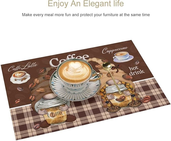 Coffee Gnomes Placemat Set of 4, 12x18 Inch Rustic Brown Plaid Buffalo Plaid Coffee Cups Beans Print Farmhouse Washable Heat Resistant Table Mats for Outdoor Farmhouse Kitchen Dining Decor