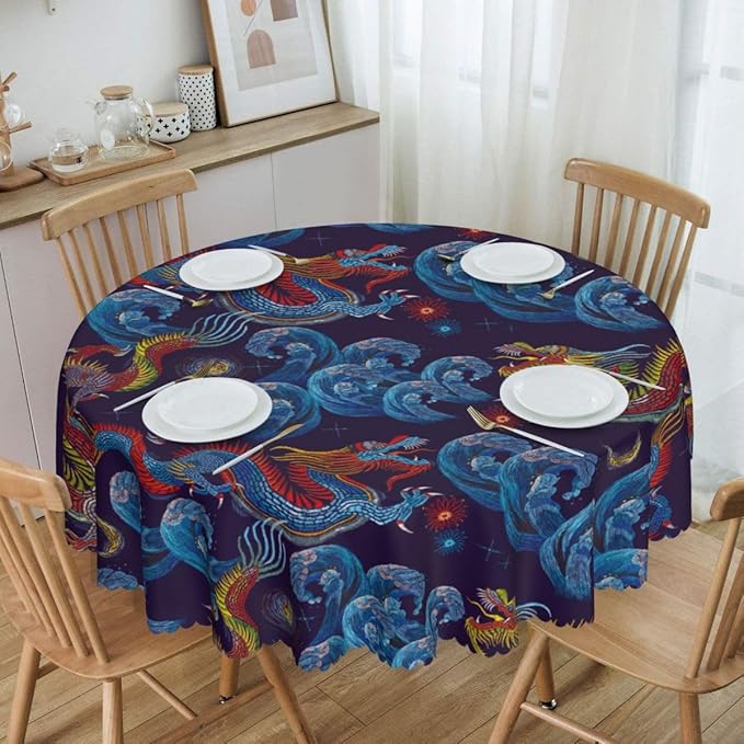 Chinoiserie Tablecloth Round, Traditional Zodiac Dragon Vintage Asian Style Oriental Luxury Water Resisitant Table Cover for Dining Kitchen Living Room Home Party Holiday Decor 60 inch Round