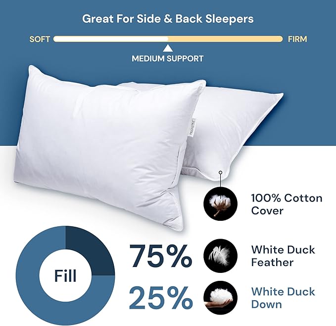 White Duck Down & Feather Pillow - Pillows with Soft-Medium Support for Side & Back Sleepers Standard Size