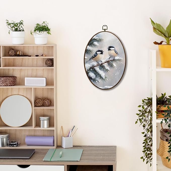 JQF Winter Chickadees Bird Oval Wall Decor, Rustic Farmhouse Oval Canvas Wall Art, Cottagecore Winter Christmas Bird Framed Prints Hanging Decor for Home Living Room Bedroom, 8.5x11.5 Inch