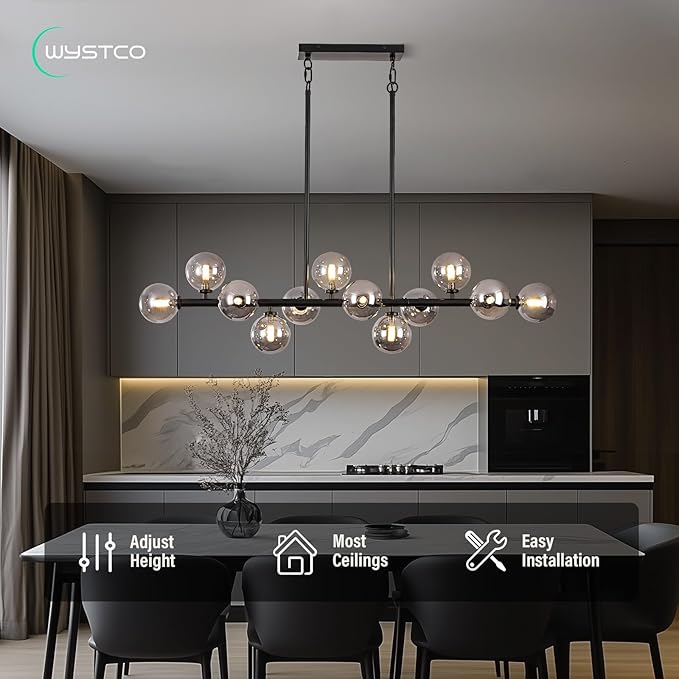 50 Inch Large Sputnik Globe Chandelier, 12-Light Mid Century Modern Light Fixture Over Table, Black Linear Chandeliers for Dining Room Kitchen Island Living (Smoke Grey Bubble Shades)