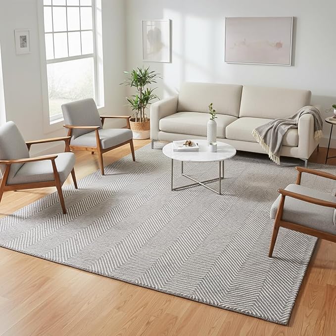 Modern Herringbone Chevron Collection Handcrafted Wool Area Rug - Durable, Zigzag Pattern, for High Traffic, Contemporary Design for Living Room, Bedroom, Dining Room Decor (Smoke Grey, 6' x 9')