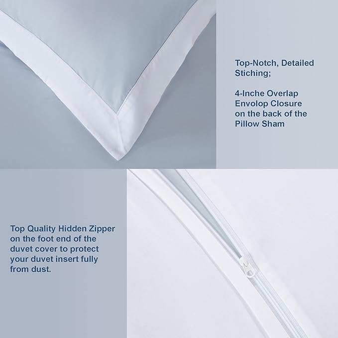 THE COTTON & SILK®️ 100% Luxury Long-Staple Cotton Duvet Cover Set - Soft & Breathable - Include 1 Duvet Cover with Corner Ties & Hidden Zipper, 2 Pillow Shams - Misty Blue + White, Queen Size