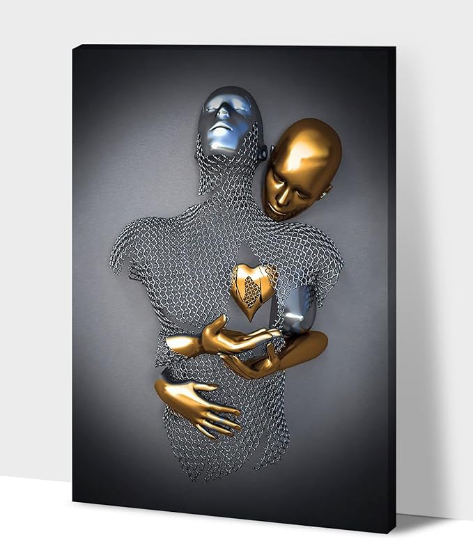 HIPOCAPO 3D Metal Effect Wall Art - Love Heart Canvas Art, Decor for Living Room, Framed Romantic Couple pictures bedroom 12”x18”x1Pcs 3d Art-26