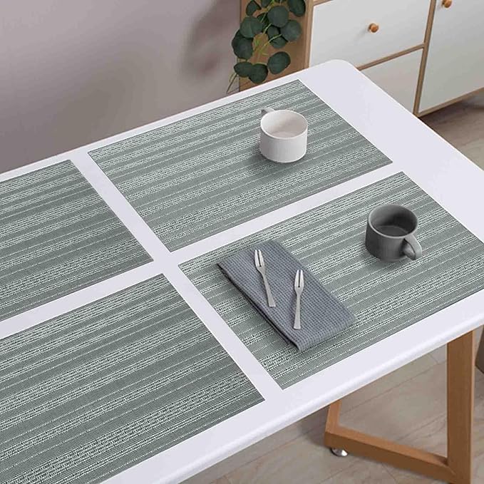 AHHFSMEI Placemats for Dining Table Set of 6 Woven Vinyl Plastic Place Mats Non-Slip Heat Insulation Stain Resistant Table Mats Washable Easy Clean Placemats (Grey Shine)