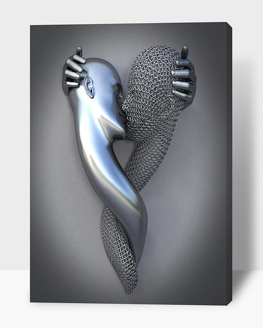3D Metal Effect Wall Art - 3D Metal Canvas Art, Silver Modern Abstract hug Lovers Painting Picture Poster Prints for Bathroom, Romantic Couple Living Room Canvas Wall Art Framed 18”x24”x1Pcs