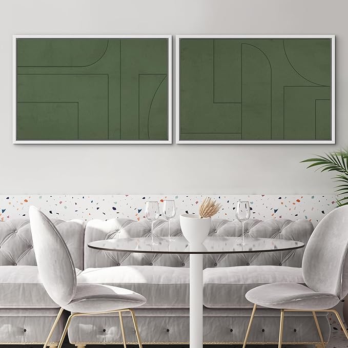 SIGNWIN Framed Canvas Print Wall Art Set Green Mid-Century Polygon Landscape Abstract Shapes Digital Art Modern Art Decorative Minimalism Vintage for Living Room, Bedroom, Office - 16"x24"x2 White