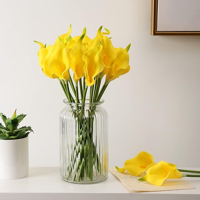 Duovlo 20pcs Calla Lily Bridal Wedding Bouquet Lataex Real Touch Artificial Flower Home Party Decor (Yellow)