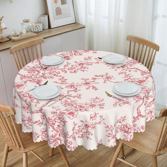 Cherry Blossom Tablecloth, Pink Traditioanal Oriental Chinese Floral Sketch Farmhouse Water Resisitant Wipeable Table Cover for Dining Kitchen Living Room Home Party Holiday Decor 70 inch Round