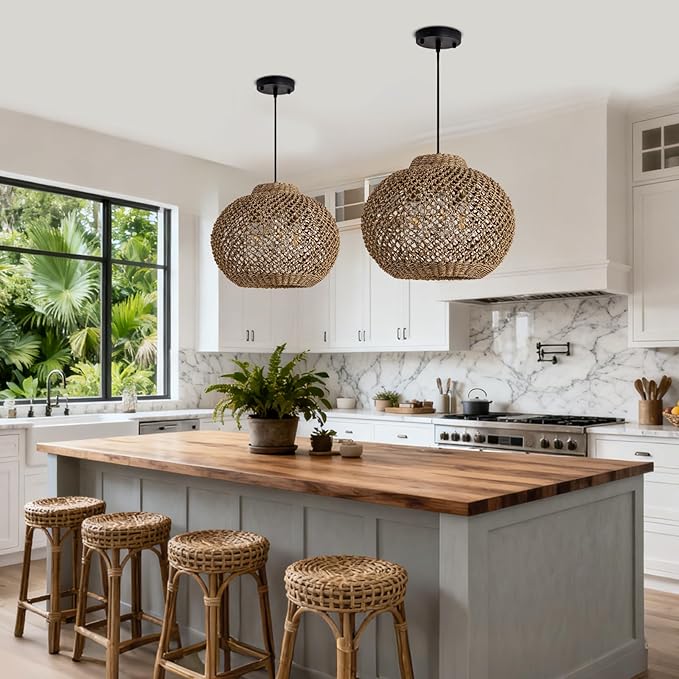 17IN Rustic Farmhouse Pendant Lights, 3-Lights Boho Rattan Hand-Woven Hanging Light Fixture, Natural Seagrass Weaving Ceiling Chandelier for Kitchen Island Entry Living Room Dining Room Bedroom