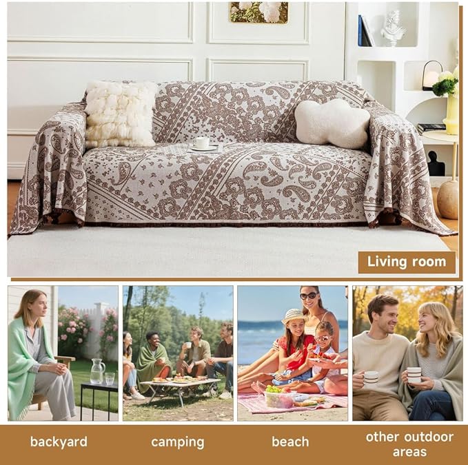 ROOMLIFE Boho Khaki Couch Covers for 3 Cushion Sofa, Breathable Couch Cover Sectional Sofa Cover for Dog, Washable Furniture Sofa Protector Cover Soft Blanket with Tassel for Living Room, 71''X150''