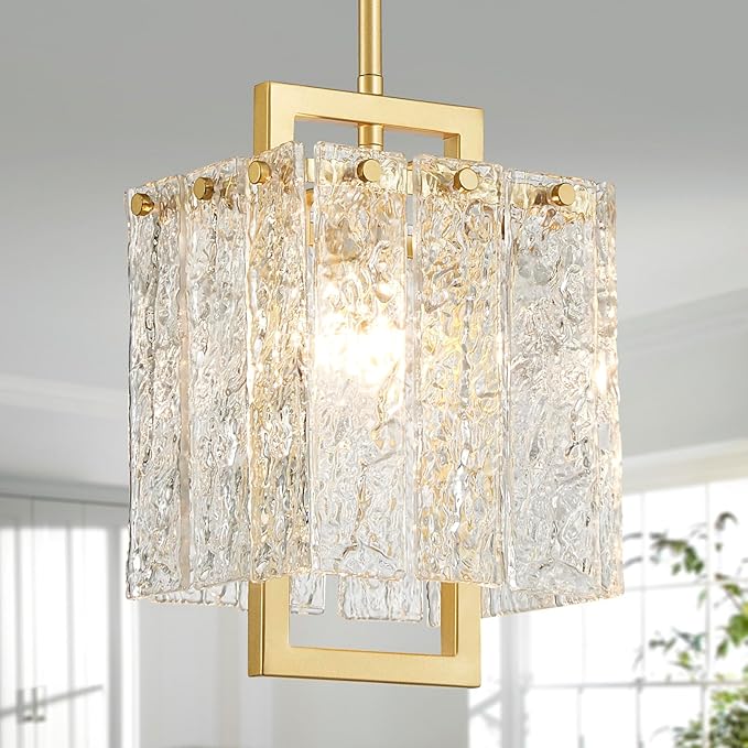 Shrine Lighting Gold Chandeliers, Modern Glass Pendnat Light for Dining Room, D6.3''×H19.5'', Adjustable 50.8'', 1 x E12 Sockets, Glass LampShade & Gold Finish Frame