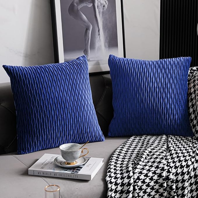 18x18 Blue Throw Pillow Covers: 2 Pack Original Striped Velvet Square Decorative Pillow Cases for Farmhouse Couch