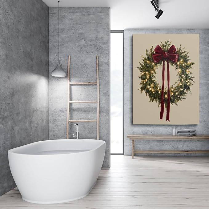Vintage Burgundy Bow Christmas Wreath Wall Art Prints,Rustic Holiday Poster,Cozy Winter Greenery Decor,Christmas Cottagecore Prints