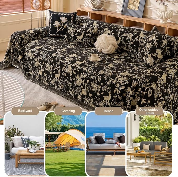 ROOMLIFE Black Sofa Cover, Vintage Boho Couch Cover for 3 Cushion Sofa, Non Slip Soft Chenille Sofa Slipcovers for Dog, Washable Furniture Sofa Protector Cover with Tassel for Living Room, 71''X150”