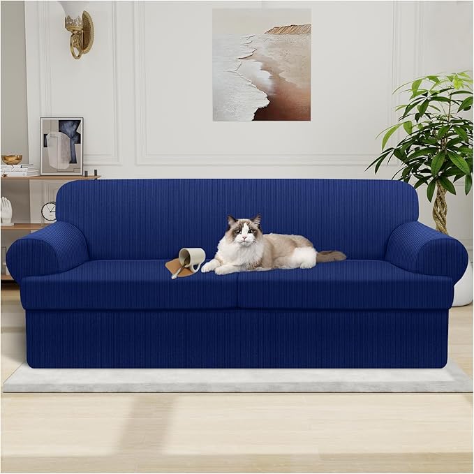 Waterproof Couch Cover 3-Piece Set Striped Sofa Slipcovers for 2 Separate T Cushion Couch - TPU Fabric Sofa Covers Leakproof Couch Protector for Kids, Pets(2 Cushion Sofa, Navy)