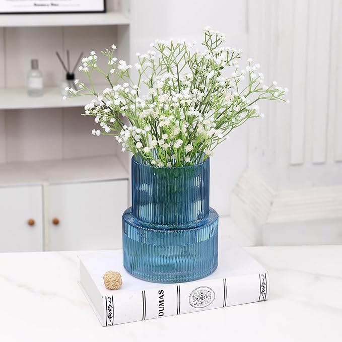Blue Glass Vase, Ribbed Glass Vase, Fluted Glass Vase, Flower Vase for Bouquet, Ribbed Vase for Flowers, Blue Vase for Living Room, Dining Table, Entryway, Shelf, Wedding, Office,7.5 Inches