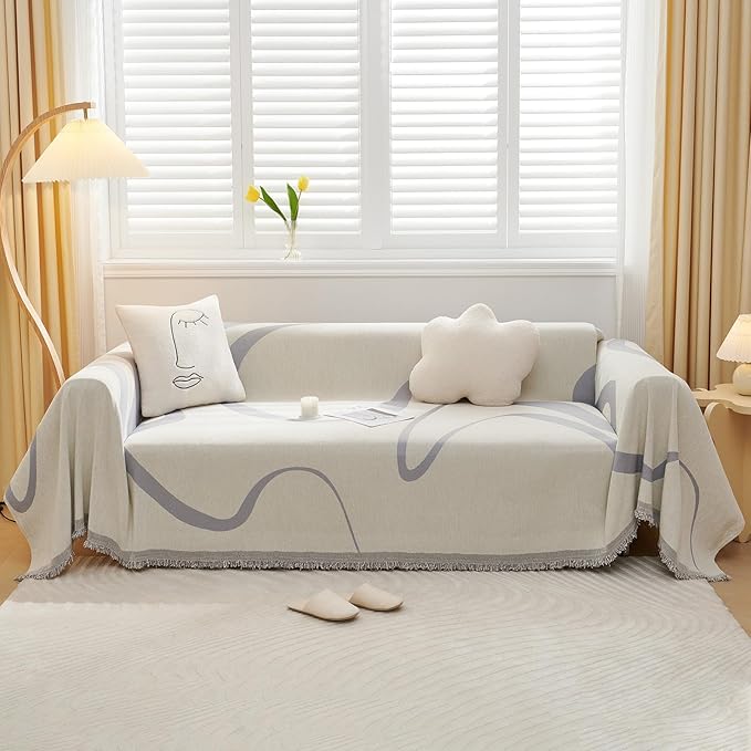 VClife Sofa Cover Washable Soft Plush Couch Cover for 3 Seat Cushion Couch Sofa (71''x134'') - Modern White Gray Striped Jacquard Sofa Cover Slipcover for Sectional Sofa Home Furniture Protector