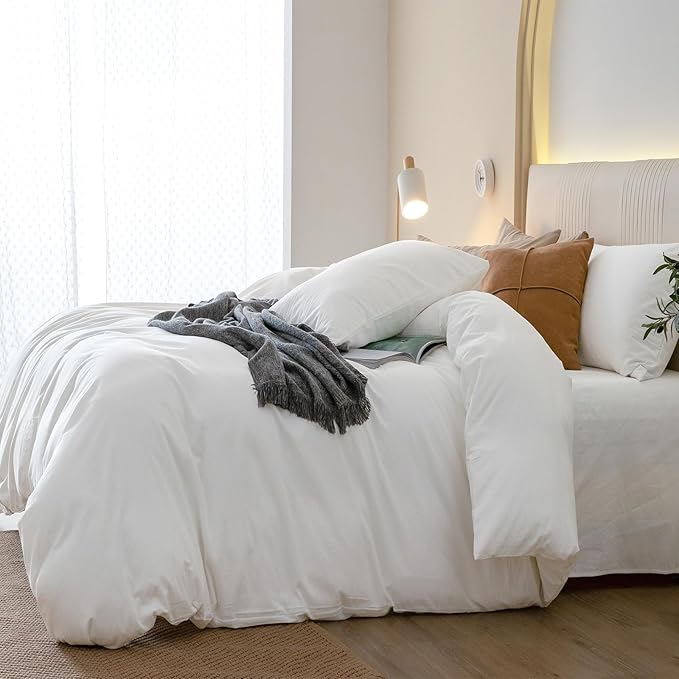 JIYUAN 100% Washed Cotton Duvet Cover Set 3 Pieces King, 1 Duvet Cover 104x90 Inches(Comforter Not Included) and 2 Pillowcases,Linen Feel Bedding Set Comfy and Breathable,Bright White