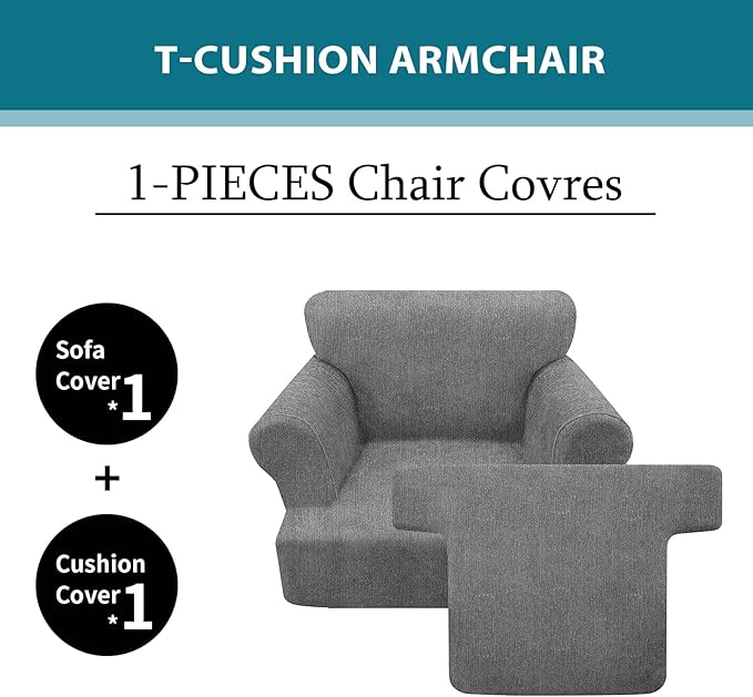 2 Pieces T Cushion Chair Covers with Arms Super Stretch Chair Slipcover for Living Room Pet Dog Universal Slip Cover Anti Slip Armchair Furniture Protector (Light Gray, 1 Cushion)