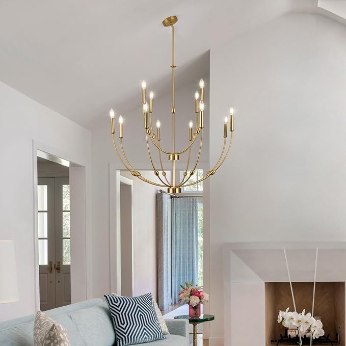 Modern Gold Chandelier, 12- Light Large Chandelier for High Ceilings, 35 inch 2-Tier Candle Style Rustic Hanging Light Fixture for Living Room Foyer Entryway