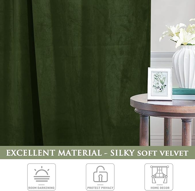 StangH Moss Green Velvet Curtains - Back Tab Room Darkening Window Drapes for Bedroom, Super Soft Heavy Thick Room Dividers for Living Room/Sliding Door, W52 x L84, 2 Panels
