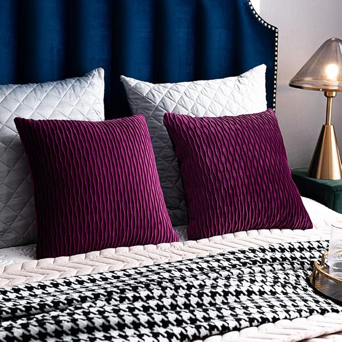 22x22 Purple Throw Pillow Cases: 2 Pack Original Striped Velvet Square Decorative Pillow Covers for Farmhouse Couch