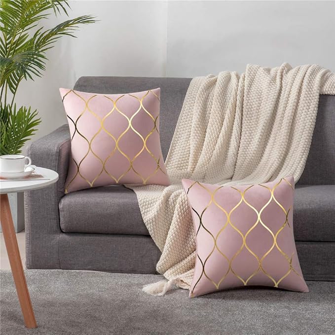 Gold Velvet Throw Pillow Covers: 2 Pack 16x16 Inch Square Decorative Pillow Cases for Bedroom Sofa Couch Living Room, Pink