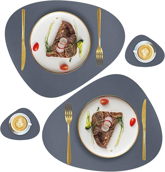 Faux Leather Placemats and Coasters Set, Round Leather for Dinner Table Mats Heat Resistant Non-Slip Washable Insulation Coffee Mats Kitchen Place Mats Nordic Style (Navy Gray, 2 Placemats+2 Coasters)