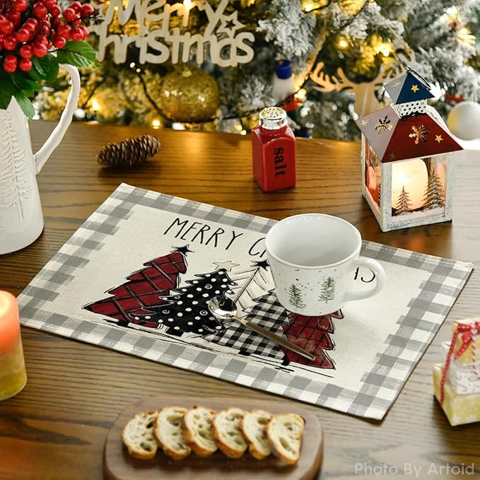 Artoid Mode Watercolor Grey Buffalo Plaid Christmas Trees Placemats Set of 6, 12x18 Inch Winter Table Mats for Party Kitchen Dining Decoration