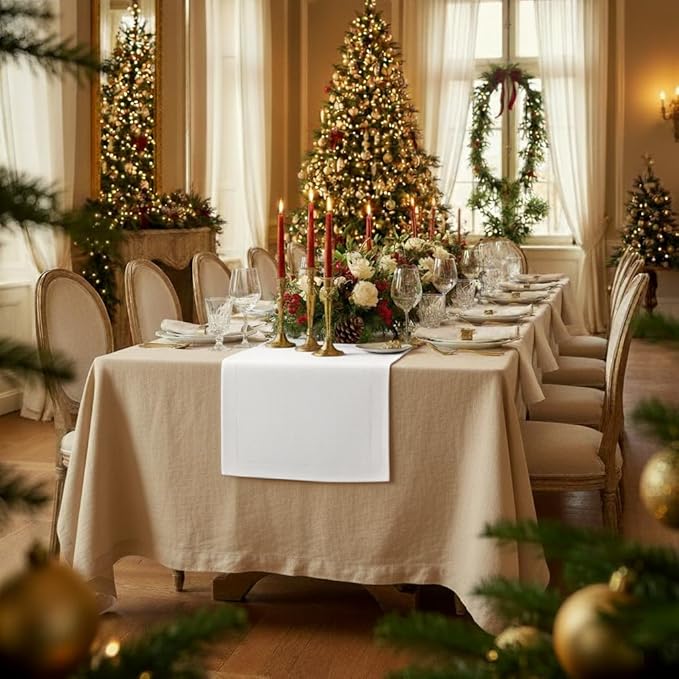 D'Moksha Homes Linen White Table Runner 120 Inches Long - 100% Pure Linen Dining Table Runner 14 x 120 Inch for Fall, Thanksgiving, Christmas, Holiday - Machine Washable