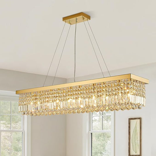 Siljoy 10-Light Modern Crystal Chandelier Gold Rectangular Crystal Raindrop Chandelier Luxury Large Rectangle Flush Mount Pendant Ceiling Light for Dining Room Kitchen Island Bar L47'' x W10'' x H10''
