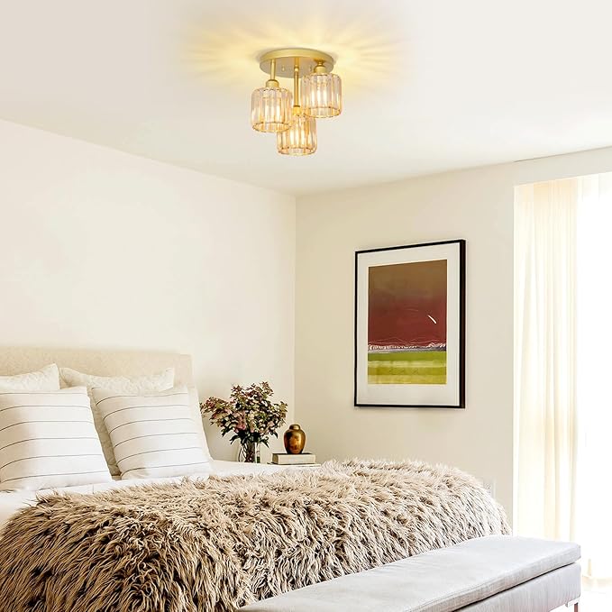 Semi Flush Mount Ceiling Light,3-Light Crystal Close to Ceiling Light Fixtures,Kitchen Light Fixture with Amber Crystal Shades,Hallway Light Fixtures for Kitchen Entryway Bedroom Bathroom