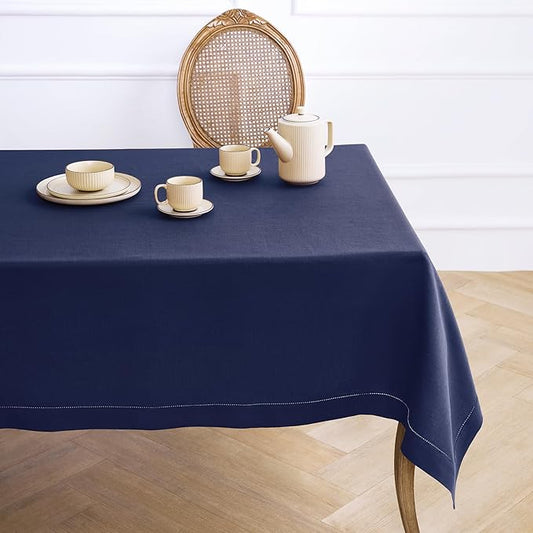 Solino Home Linen Tablecloth for Rectangle Tables 60 x 90 Inch - Classic Hemstitch 100% Pure Linen Navy Blue Table Cloth - Machine Washable Cloth Tablecloth for Fall, Thanksgiving, Christmas, Winter