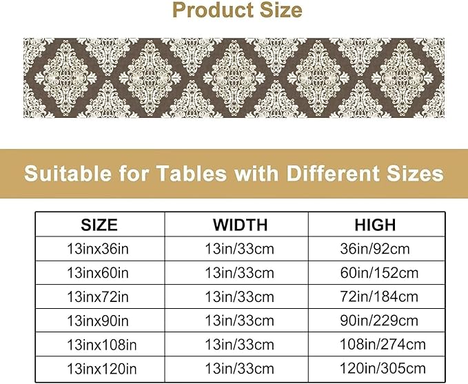 Damask Floral Pattern Table Runner,Brown Beige Distinctive Farmhouse Table Runner for Kitchen Family Dinner Table Holiday Party Farmhouse 13x36in