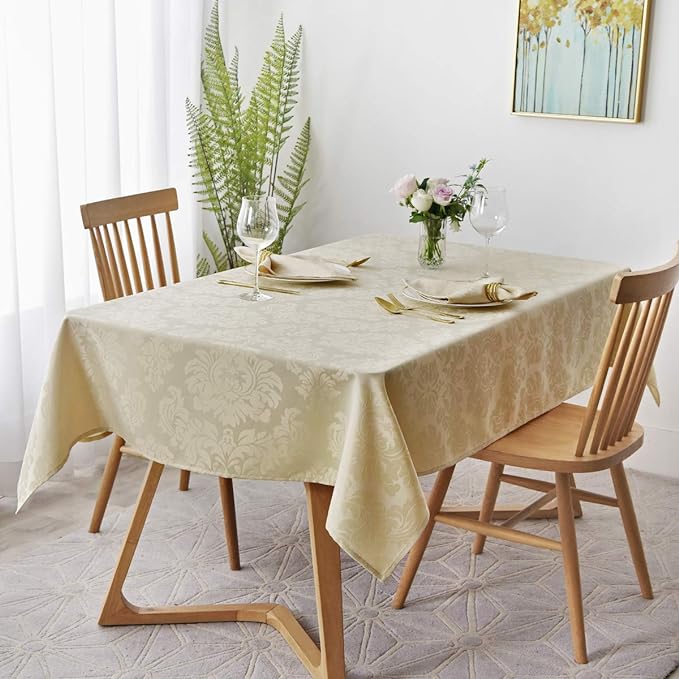 maxmill Jacquard Tablecloth Damask Design Water Resistance Antiwrinkle Heavy Weight Soft Table Cloth for Buffet Banquet Parties Event Holiday Dinner Rectangle 60 x 84 Inch Beige
