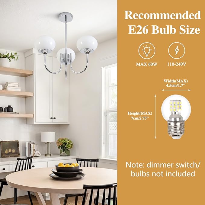 BOKT Modern Sputnik Chandelier 3 Light Glass Globes Silver Chandelier Light Fixture White and Chrome Pendant Lights Vintage Hanging Chandeliers for Kitchen Island Dining Room