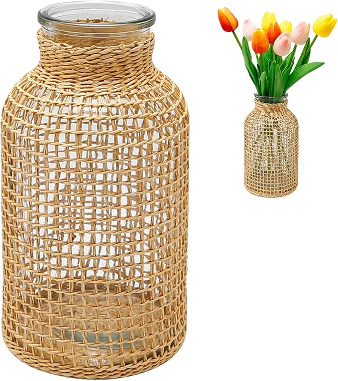 MDEOOSKY Straw Woven Glass Vase 10.25''X3.93''X5.52''Boho Glass Flower Vase Country Rustic Style Vase Glass Vase for Floral Arrangements Bottle Height (B Style 10.25IN)