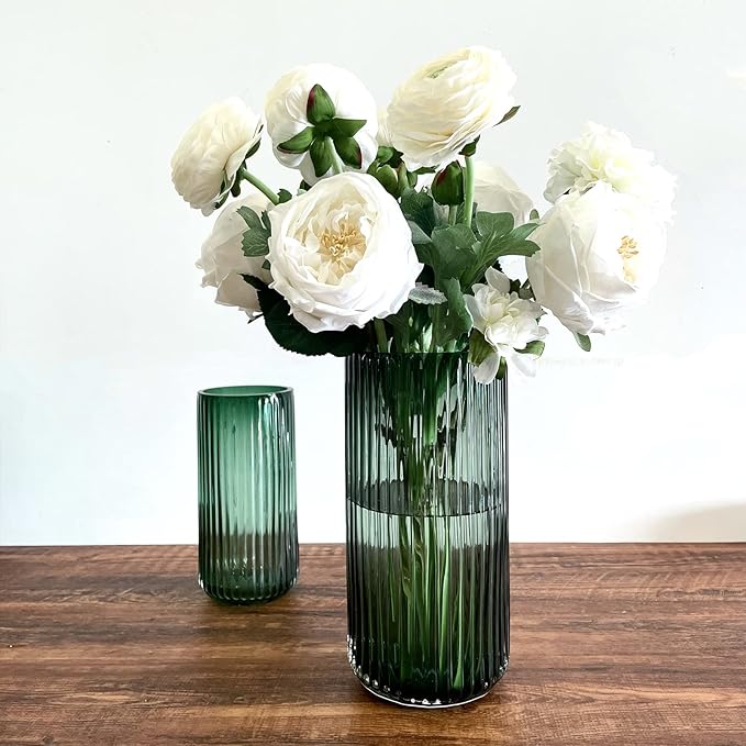 BUICCE Ribbed Glass Flower Vase Green for Farmhouse Decor,Round Vintage Bottles for Kitchen Dining Table Home Shelf Wedding Centerpiece.