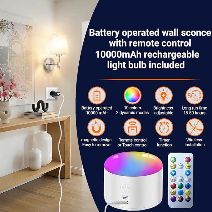 Battery Operated Wall Sconces Set of Two, Indoor Wireless Wall Mounted Lamp with 10000mAh Dimmable Bulb and Remote, RGB Colors Rechargeable Wall Light for Bedroom Living Room Decor
