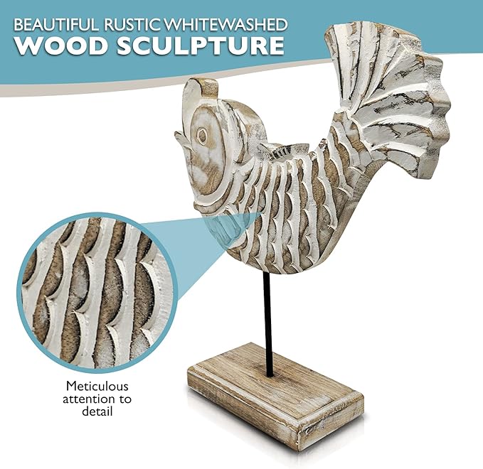 Farmhouse World Wooden Fish Home Decor | Handmade Fish Statue on Base Stand Sea Nautical Beach House Decor Art Piece | Rustic Table Decor for Office, Living Room (Koi Fish)