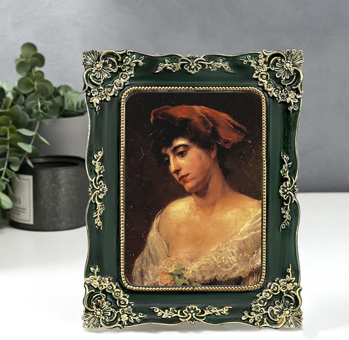 Green Picture Frame 5x7 Vintage Picture Frames Antique Ornate Baroque Victorian Handcrafted for Tabletop or Wall Display with Glass Front