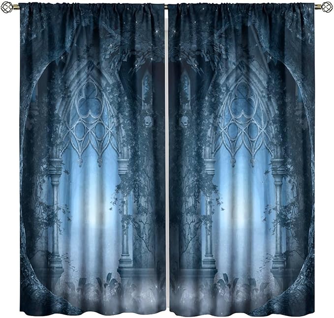 Gothic Mid Century Blackout Curtains, Vintage Medieval Castle Night Magic Forest Tree Misty Landscape Window Drapes, for Living Room Bedroom 21(W)*45(L) 2 Panels
