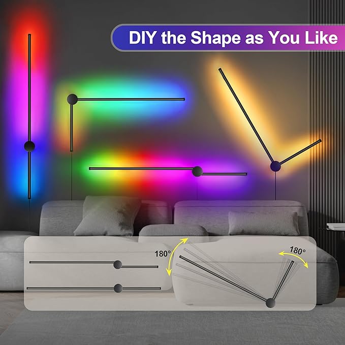 RGB LED Wall Sconces Set of Two with Remote, 15 Color Modes, Dimming, DIY 180° Rotate, Black Plug in Wall Sconces with Warm Light, Dynamic Multicolor Ambience Lights, Plug in Wall Light, 39.4 Inches
