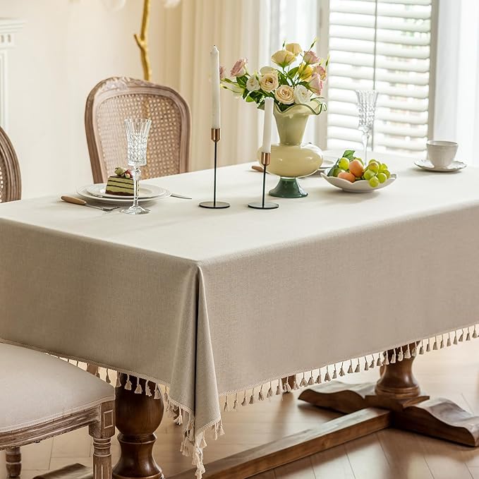 1 Pack Heavy Duty Cotton Tablecloth Soft Wrinkle Resistant Fabric with Decorative Tassles Fringe for Kitchen Dining Table, Warm Beige, 55x102 Inch