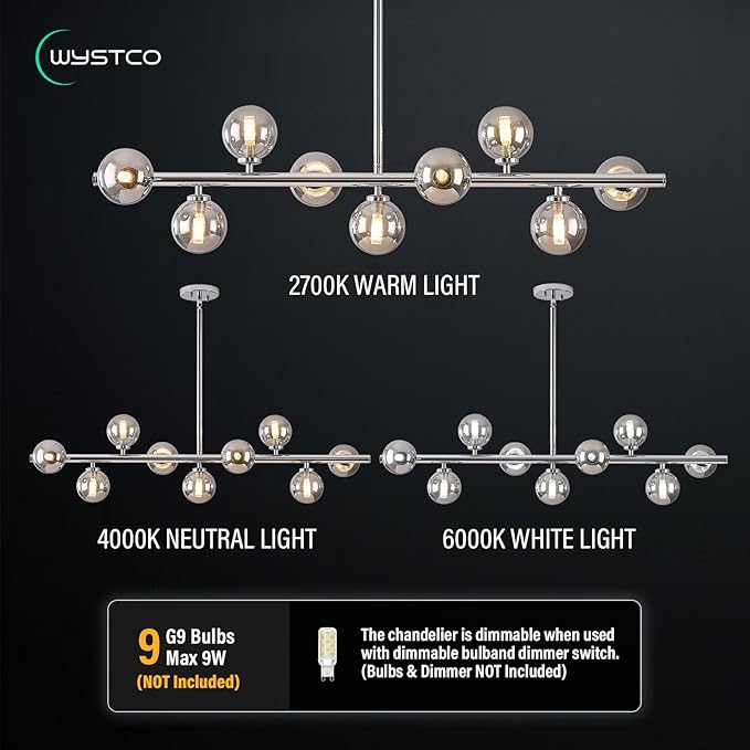 Mid Century Modern Globe Sputnik Chandelier, 9-Light Linear Chandeliers for Dining Room and Kitchen Island, Dining Light Fixture Over Table, Chrome and Smoke Grey Glass Bubble, 40 Inch