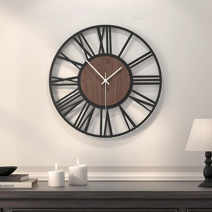Modern Wall Clocks for Living Room, 16 inch Wood Walnut Dial Decorative Wall Clock Battery Operated, Non Ticking Silent Big Round Black Metal Clock, Bedroom, Kitchen, Office Decor-Roman Numerals
