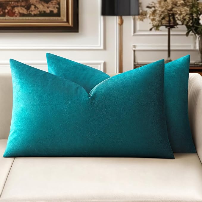 MIULEE Pack of 2 Teal Velvet Throw Pillow Covers 12x20 Inch Soft Solid Decorative Set Lumbar Cushion Cases for Spring Couch Sofa Bedroom